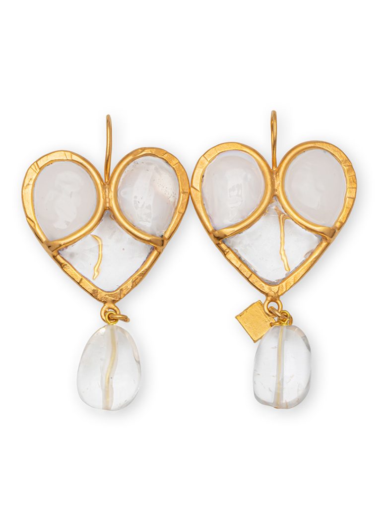 Made from gold-plated brass and copper, the heart-shaped earrings feature hand-poured glass beads and rock crystal.